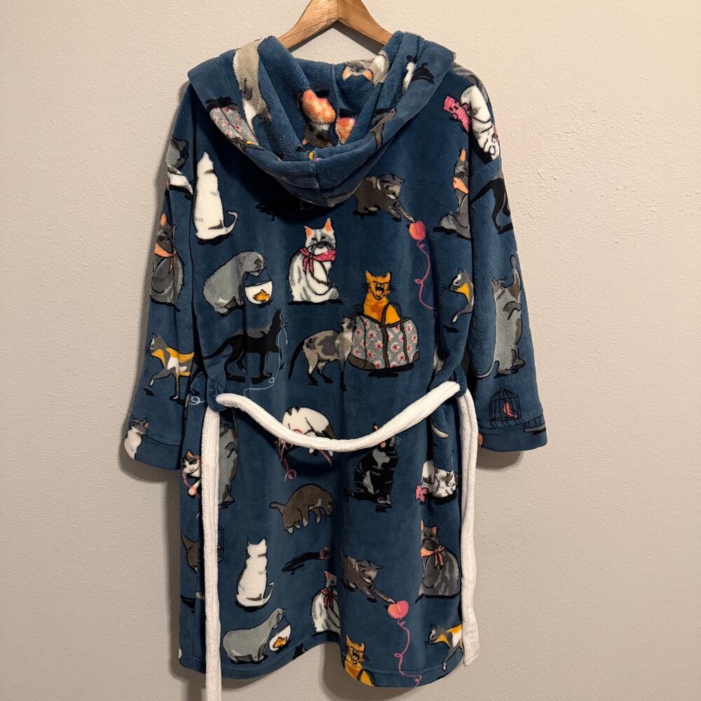 Vera Bradley Cat Print Plush Fleece Hooded Robe S/M Pockets Belted Cozy - Picture 2 of 5